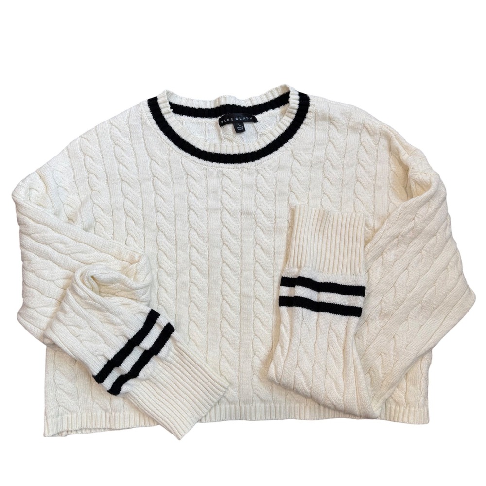 BLUE BLUSH Cream Cable‎ Knit Cropped Sweater Long Sleeve Striped Trim Size L